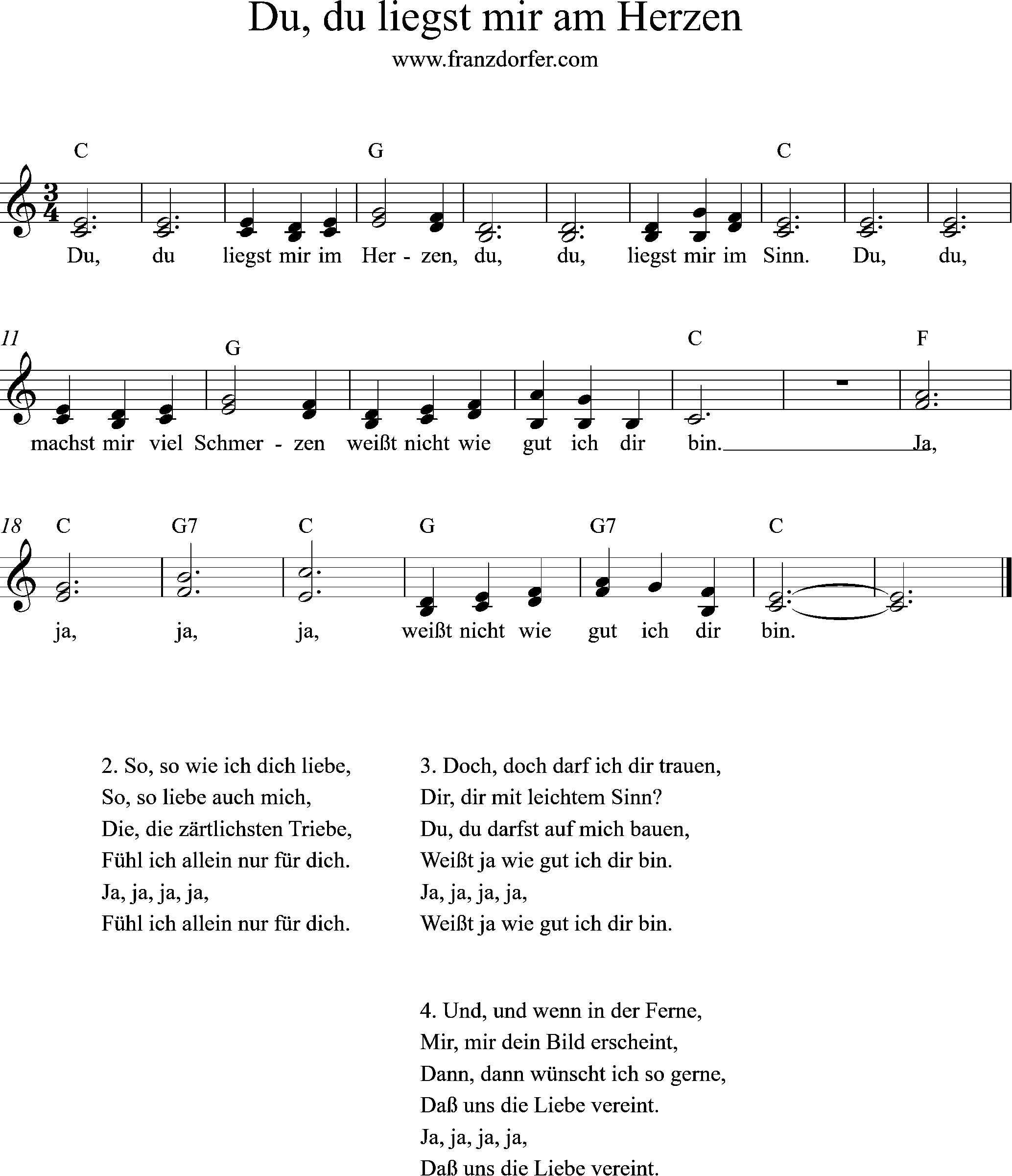 Du , du liegst mir im Herzen, C-Dur, Akkordeon Akkordeon Note, Du du liegst mir im Herzen